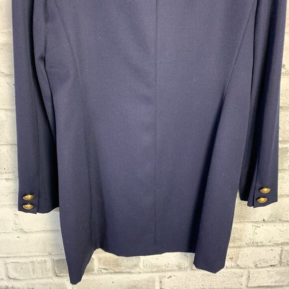 Vintage 80s 90s Double Breasted Navy Blue Wool Structured Long Blazer - Picture 6 of 13